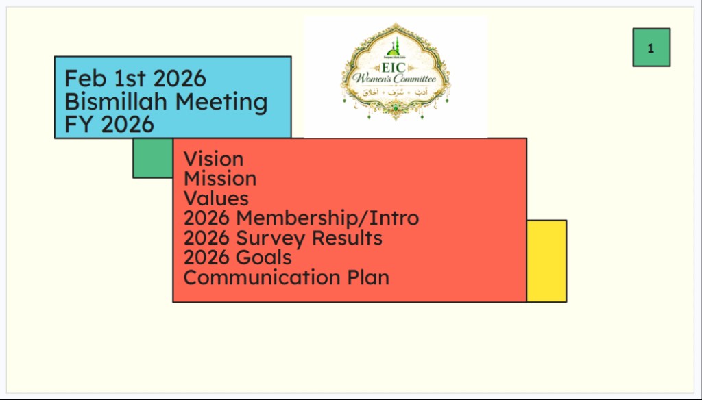 EIC Women's Committee — Feb 1st 2026 Bismillah Meeting agenda: Vision, Mission, Values, Membership, Survey Results, Goals, Communication Plan