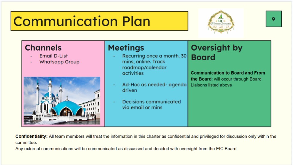 Communication plan: email and WhatsApp channels, monthly online meetings, Board liaison oversight, and confidentiality